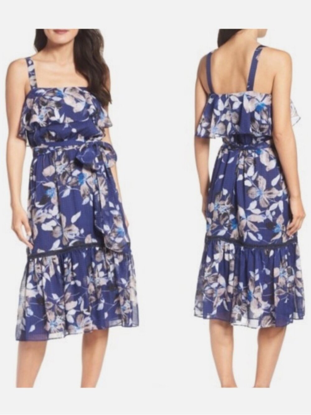 Eliza J Blue Floral Ruffle Midi Dress 14 - Picture 2 of 15
